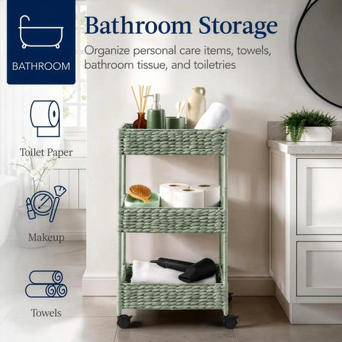 Three-Tier Water Hyacinth Rolling Caddy With Wheels For Laundry Room Bathroom Craft Room And More shown in bathroom with storage items