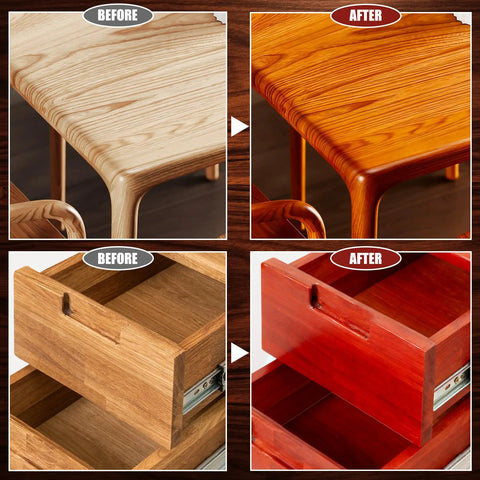 Rosewood Water Based Wood Stain For Indoor And Outdoor Furniture Non Toxic Fast Drying Cabinet Varnish Eco Friendly Low Odor Wood Finish No Sweat Formula 8 5 Fl Oz applied to table surface and drawer before and after.