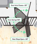 Illustration showing No-Drill Expandable Baby And Dog Gate 28 To 42 Inch Wide, 30 Inch Tall with swing door mechanics, espresso finish.