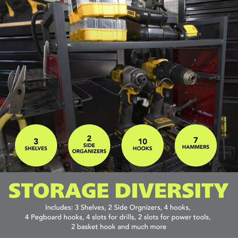 Power Tool Cart With Battery Charging Station And Eight Outlet Power Strip Mobile Garage Workbench On Wheels For Mechanics Heavy Duty Tool Organizer For Workshop And Shop with shelves, side organizers, and hooks shown in a workshop setting.