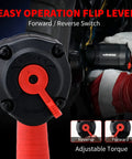 Compact Half Inch Air Impact Wrench Delivers Up To 700 Ft-Lb Max Torque, 450 Ft-Lb Working Torque, And 9000 RPM, close-up of flip lever