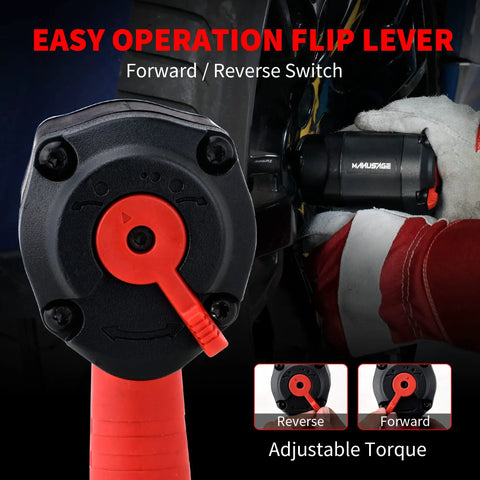 Compact Half Inch Air Impact Wrench Delivers Up To 700 Ft-Lb Max Torque, 450 Ft-Lb Working Torque, And 9000 RPM, close-up of flip lever