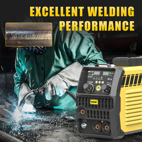 HIZONE 3 In 1 MIG Welder With 135 Amps Output supports gasless MIG and TIG welding; shown in action during metalwork.