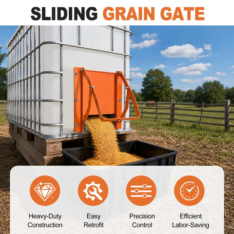 Heavy Duty Sliding Grain Gate For Ibc Tote With A Knockout Manual Flow Control Lever Built Tough From Top Shelf Alloy Steel, dispensing grain.