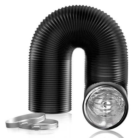 8 Inch Air Ducting Dryer Vent Hose 16 Ft Heavy Duty Four Layer Protection For Heating Cooling Ventilation And Exhaust With 2 Clamps Black Lightproof PVC Low Noise Silencer For Quiet Operation showing curved hose and clamps