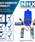 Beefy Quad 100W X4 Battery Balance Charger With 12A ACDC Power displaying battery compatibility and simultaneous charging capacity.