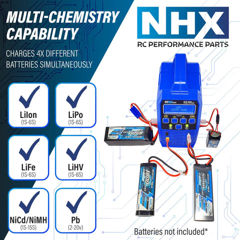 Beefy Quad 100W X4 Battery Balance Charger With 12A ACDC Power displaying battery compatibility and simultaneous charging capacity.