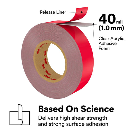 Roll of Heavy Duty Mounting Tape 4910 Clear 6 Inch By 5 Yards Double Sided with release liner and clear acrylic adhesive foam.