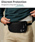 Person wearing Ultra Slim RFID Money Belt With Hidden Passport Pocket For Travel, Two Compartment Anti Theft Fanny Pack
