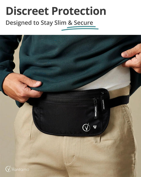 Person wearing Ultra Slim RFID Money Belt With Hidden Passport Pocket For Travel, Two Compartment Anti Theft Fanny Pack