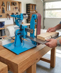 Powerful 750W Brushless Electric Belt Sander, Versatile Bench Sanding Machine with wood piece in use, compact workbench design.