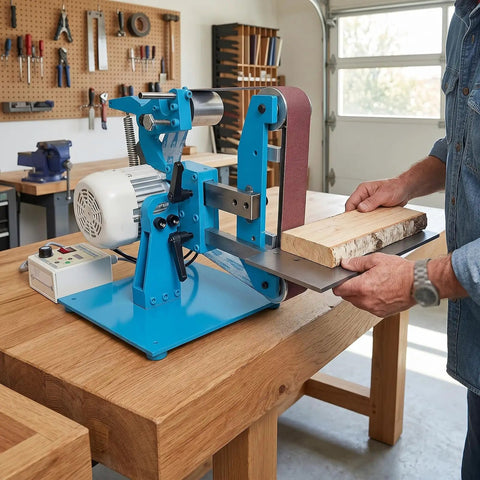 Massive 1100 Watt Belt Sander And Knife Sharpener Combo in use, sharpening wood on a table in a workshop.