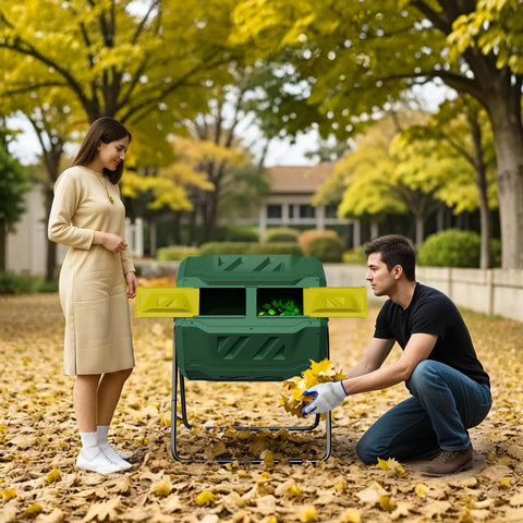 43 Gallon Dual Chamber Compost Tumbler For Easy Outdoor Garden Composting With Sliding Door Rotating Bin Tumbling Composter in use