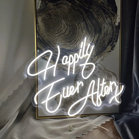 Happily Ever After Neon Sign With Custom Wedding Wall Decor Flexible LED Neon Light for Weddings Anniversaries Parties Home Decor and Photo Backdrops Ideas, cool white LED glow on acrylic backplane.