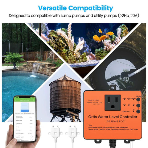 WiFi Sump Pump Controller With Alarm And Real Time Water Level Monitoring For Sump Submersible And Utility Pumps Smart App Remote Control Real Time Alerts For Failures And Overloads Keep Basement Dry And Prevent Floods, orange unit