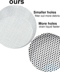 Comparison of two stainless steel kitchen sink strainers with different hole sizes, showing filtering effectiveness and drainage speed.