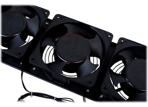 UltraQuiet Edition 3U Rackmount Cooling Fan System With Triple Exhaust Fans, close-up of 3x5-blade fans, black steel frame