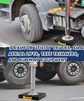 Four Piece Heavy Duty RV Jack Pads With Easy Grip Handles 12 X 12 X 1 Inch under a utility truck stabilizing it on gravel.
