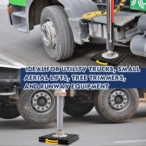 Four Piece Heavy Duty RV Jack Pads With Easy Grip Handles 12 X 12 X 1 Inch under a utility truck stabilizing it on gravel.