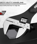 Close-up of wrench from Beefy 3 Piece Adjustable Spud Wrench Set With 10 12 And 16 Inch Sizes CRV Steel Black Oxide Finish SAE And Metric Scale Heavy Duty Torque Rust Resistant Performance For Everyday Home Shop Projects gripping a bolt.