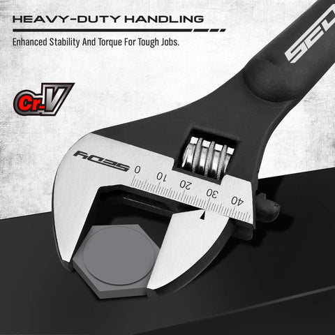 Close-up of wrench from Beefy 3 Piece Adjustable Spud Wrench Set With 10 12 And 16 Inch Sizes CRV Steel Black Oxide Finish SAE And Metric Scale Heavy Duty Torque Rust Resistant Performance For Everyday Home Shop Projects gripping a bolt.