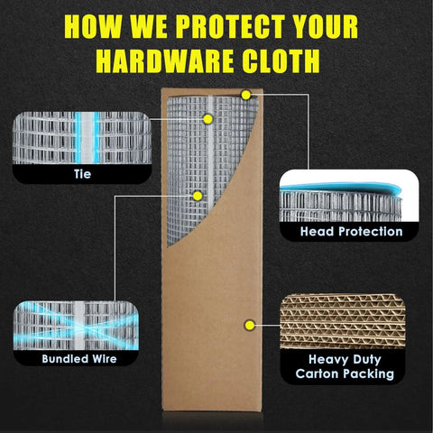 Packaging of Heavy Duty Galvanized Hardware Cloth One Half Inch Mesh 36 By 100 Ft Roll showing tie, head protection, and carton packing