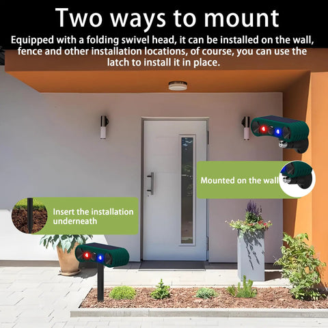 Solar Indoor Outdoor Motion Sensor Alarm With 129dB Siren Ultrasonic Security Alarm Four Modes Red And Blue Strobe Light Weatherproof Yard Garden Farm Guard No Fuss Setup 2 Pack mounted on wall and ground