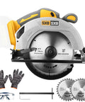 Heavy Duty Workhorse 7 Inch Brushless Cordless Circular Saw With Right Bevel Design And 8000 Rpm Spin on a work table, tools included.