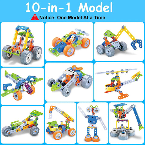 Totally Fun 10 In 1 STEM Building Set For Kids Ages 4 To 8 A 167 Piece Creative Engineering Kit with various models displayed.
