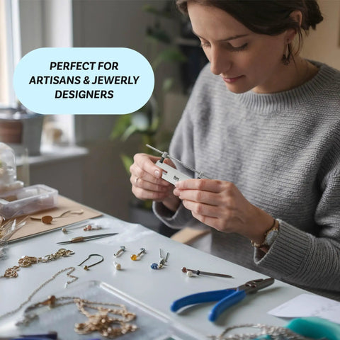Woman using Two In One Hole Punch Tool With Dual Tips For Jewelry Making And Leather Crafts One Eighth Inch And Five Thirty Seconds Inch Precision Metal Punch at a crafting table.