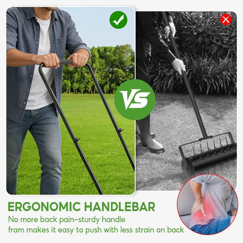 Person using a 2 In 1 Rolling Lawn Aerator And Roller With Removable Gear Spikes for easy lawn care, featuring ergonomic handlebar.