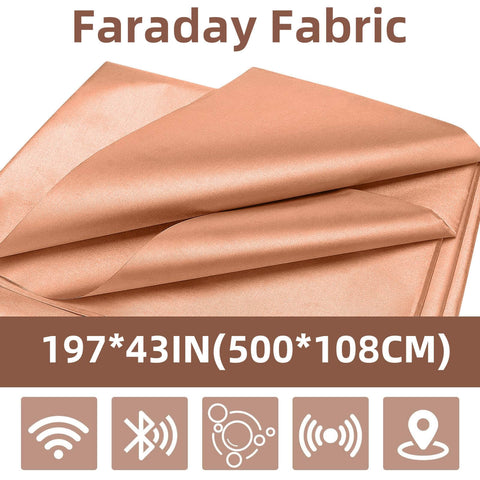 Real Talk Copper Faraday Fabric For EMI Shielding gold color fabric, folded, size 197x43 inches, with icons for signal protection