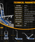 Technical specifications of Heavy Duty Powered Electric Track Stair Climber Hand Truck Dolly with dimensions and features.