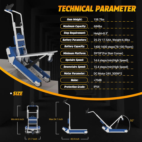 Technical specifications of Heavy Duty Powered Electric Track Stair Climber Hand Truck Dolly with dimensions and features.