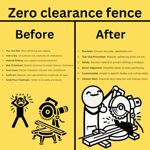 Comparison chart of zero clearance fence for miter saws highlighting benefits of increased precision, safety, and customization.