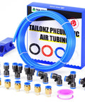 Tailonz blue polyurethane pneumatic air hose kit with 10 m length and assorted brass and plastic fittings.