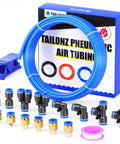 Blue PU Air Hose Kit 4mm OD 2.5mm ID, 10 Meter Length, 145 PSI Working Pressure, Includes Union Tees, Elbows, Y Splitters, and Adapters