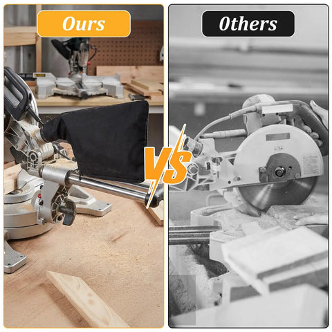 Comparison of Two Pack Miter Saw Dust Collection Bags Made From Heavy Duty Nylon and Steel Ring with dust collection on saw.