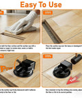 "Floor Gap Fixer Tool For Quick Home Repair In Minutes Two Step Suction Cup System No Pro Needed With Five Sticky Pads For Textured Floors 110 Lb Impact Resistant Plank Puller For Smooth Wood Tile And Hardwood Surfaces showing four-step process for use including cleaning, placing, pressing, and tapping"