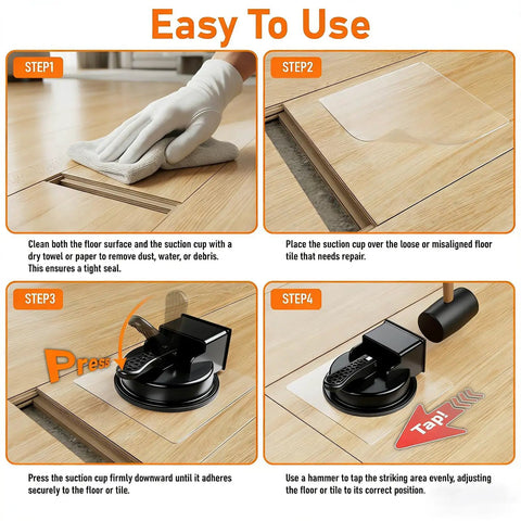 "Floor Gap Fixer Tool For Quick Home Repair In Minutes Two Step Suction Cup System No Pro Needed With Five Sticky Pads For Textured Floors 110 Lb Impact Resistant Plank Puller For Smooth Wood Tile And Hardwood Surfaces showing four-step process for use including cleaning, placing, pressing, and tapping"