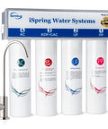 iSpring CU-A4 four-stage under-sink water filtration system with white housings and brushed-nickel faucet