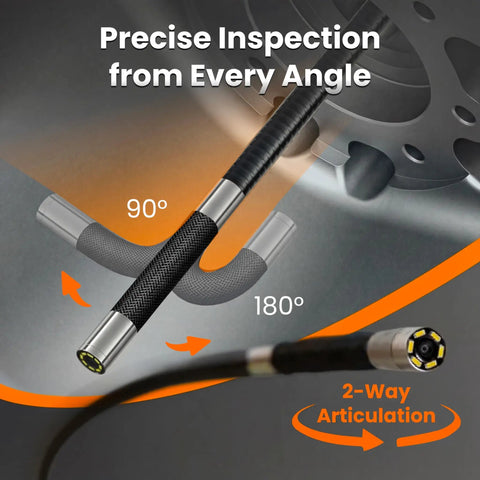 Rock Solid Two Way Articulating Borescope With Bright Led Lamp and Kickass Flexible Snake Cable showing flexible inspection lens angles.