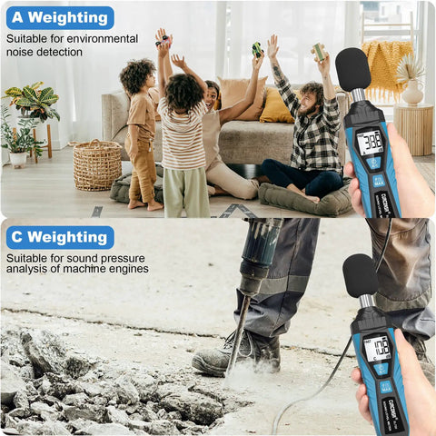 Image showing Portable Decibel Meter With LCD Display, Accurate Sound Level Meter For Homes, Factories, Streets And Offices, Measures 30dB To 130dB, Handheld SPL Meter For Noise Monitoring And Compliance in use in family and machinery environments.