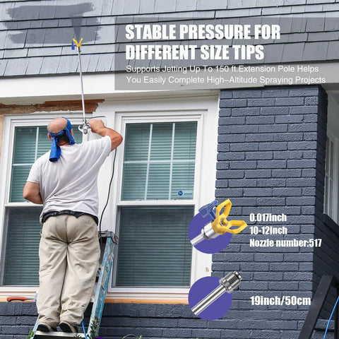 Real Deal Airless Paint Sprayer 1300W Electric House Paint Gun With 3300 Psi Adjustable Pressure and 0.6 Gpm Rapid Flow used for high-altitude spraying.