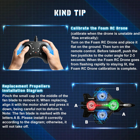 Guide for calibrating Foam RC Plane For Kids And Adults and installing replacement propellers, with remote and diagram.