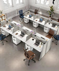 Eight Person Modular Cubicle Workstation Featuring Tall Privacy Panels And Integrated Power Hubs Plus Rolling File Drawers For A Stress Free Big League Office Setup viewed from above with desks and chairs.