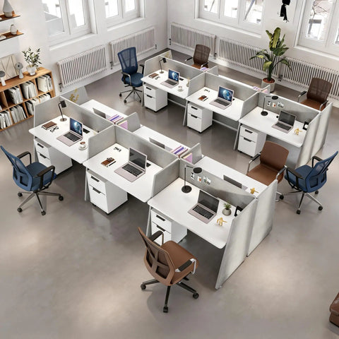 Eight Person Modular Cubicle Workstation Featuring Tall Privacy Panels And Integrated Power Hubs Plus Rolling File Drawers For A Stress Free Big League Office Setup viewed from above with desks and chairs.