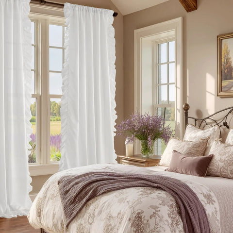 Romantic White Ruffled Curtains With Privacy Light Filtering, Faux Silk Drapes, Two Panels, W50 X L95, Cozy Country Bedroom Vibe