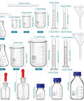 31 Piece Lab Glassware Set With Beakers Cylinders Erlenmeyer Flasks Dropper Bottles Storage Bottles Stirring Rods Droppers And Funnels For Chemistry Science Class Home Lab Use A Complete Gear Kit showing various glass items with measurements.