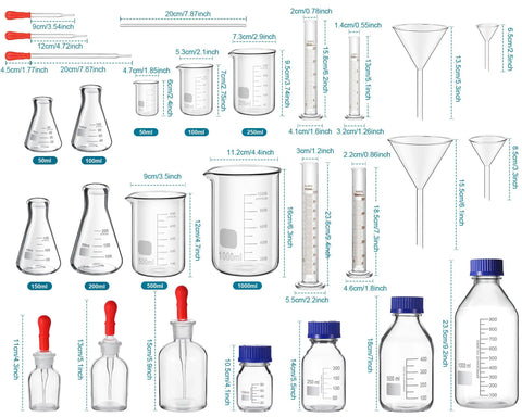 31 Piece Lab Glassware Set With Beakers Cylinders Erlenmeyer Flasks Dropper Bottles Storage Bottles Stirring Rods Droppers And Funnels For Chemistry Science Class Home Lab Use A Complete Gear Kit showing various glass items with measurements.